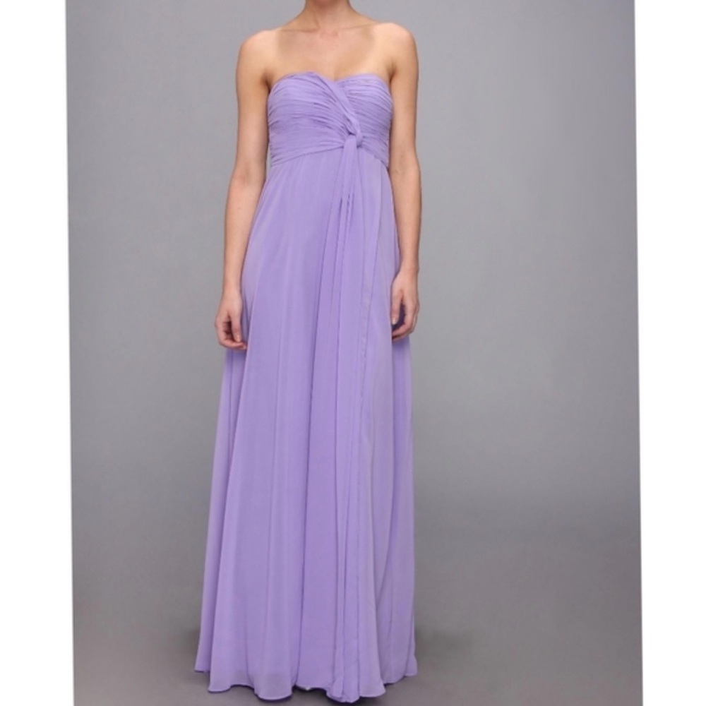 Donna Morgan Strapless Front Twist Lilac Orchid Gown